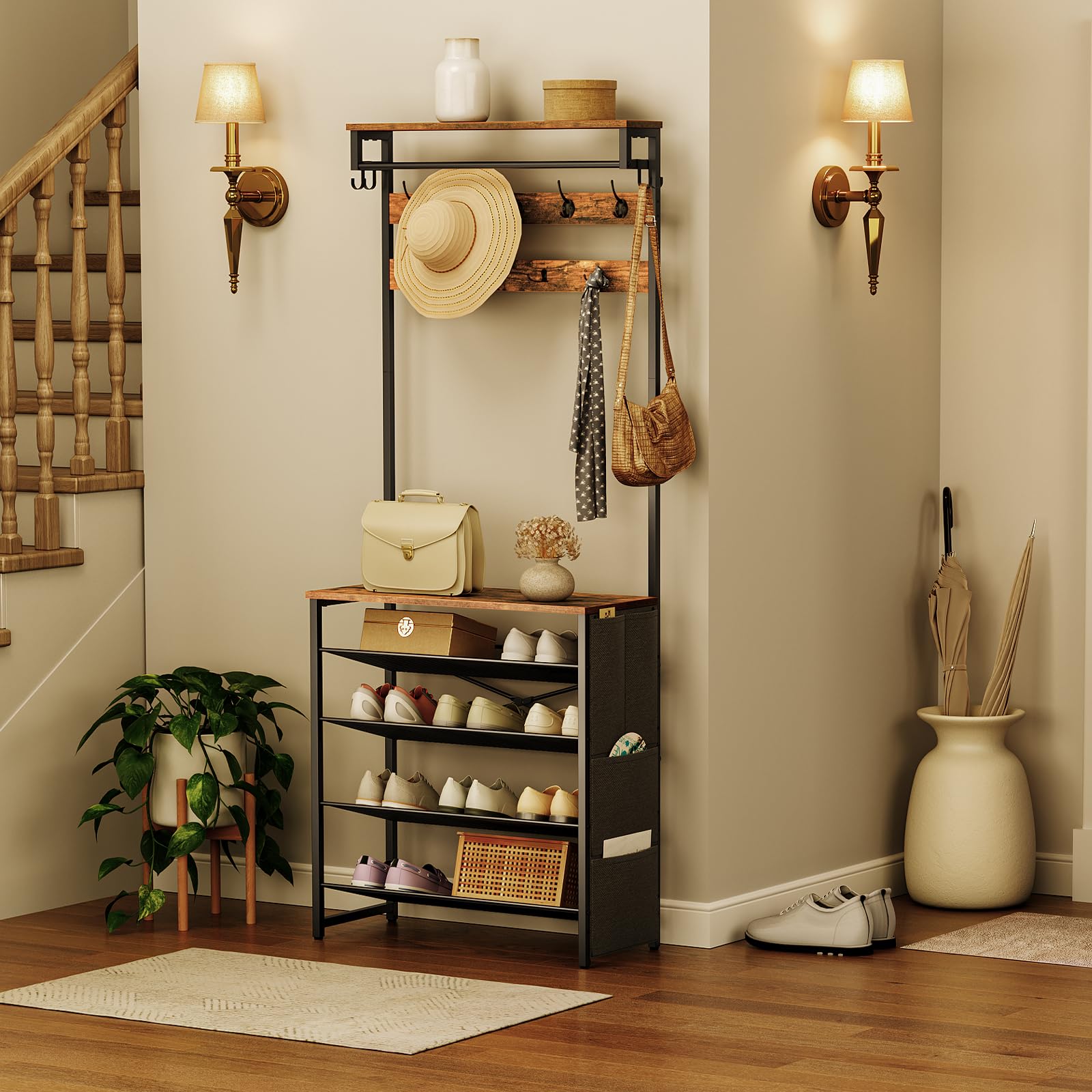 HOOBRO Hall Tree Coat Rack with Shoe Storage and Tiltable Mesh Shelves