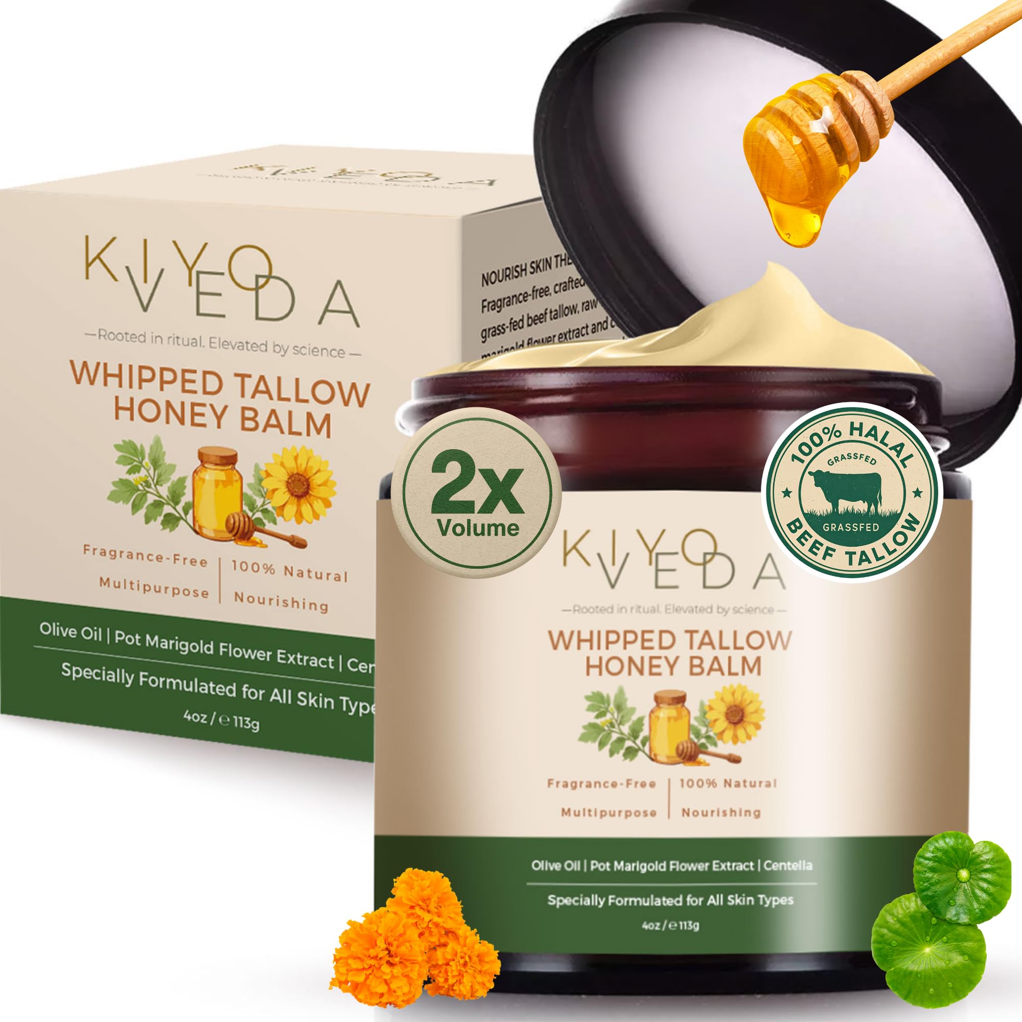 KiyoVeda Beef Tallow Honey Balm – Grass-Fed Calendula & Centella Moisturizer