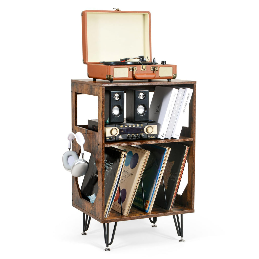 ikkle Rustic Record Player Stand | Vinyl Storage Cabinet with Metal Legs