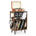 ikkle Rustic Record Player Stand | Vinyl Storage Cabinet with Metal Legs