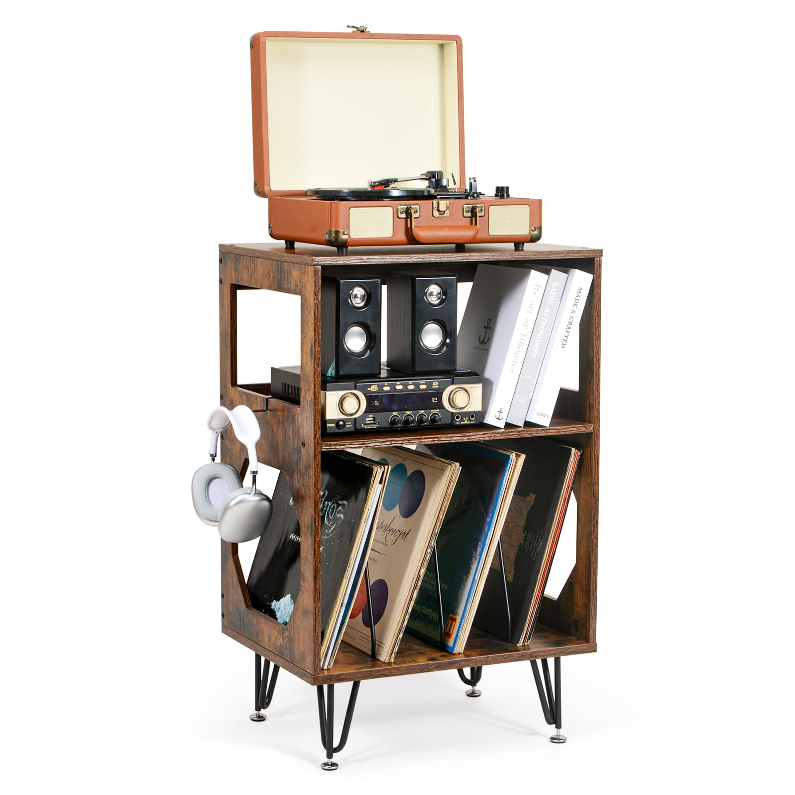 ikkle Rustic Record Player Stand | Vinyl Storage Cabinet with Metal Legs