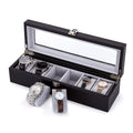 Mondeer 6-Slot Watch Box | Black PU Leather Organizer with Glass Lid