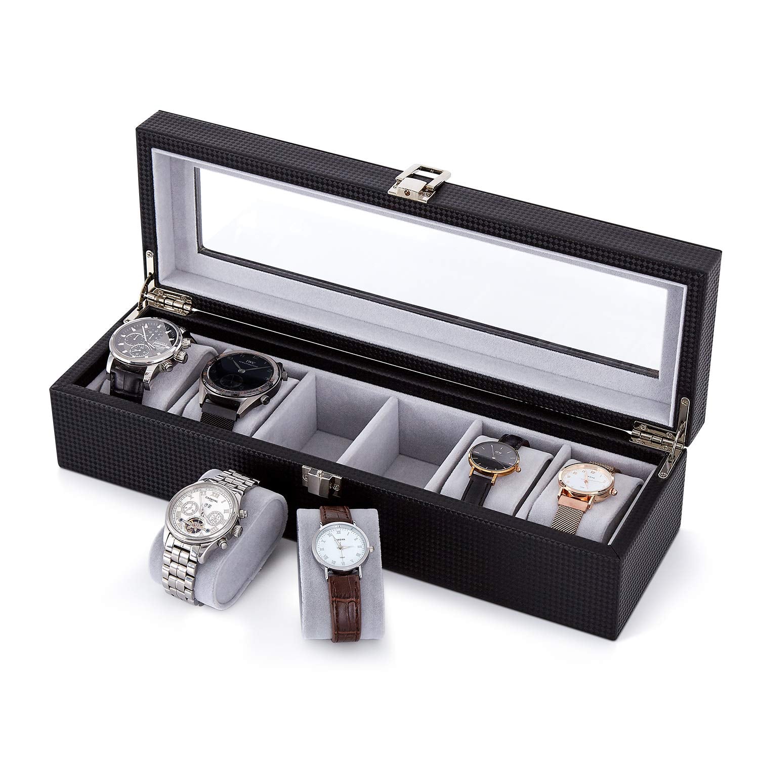 Mondeer 6-Slot Watch Box | Black PU Leather Organizer with Glass Lid