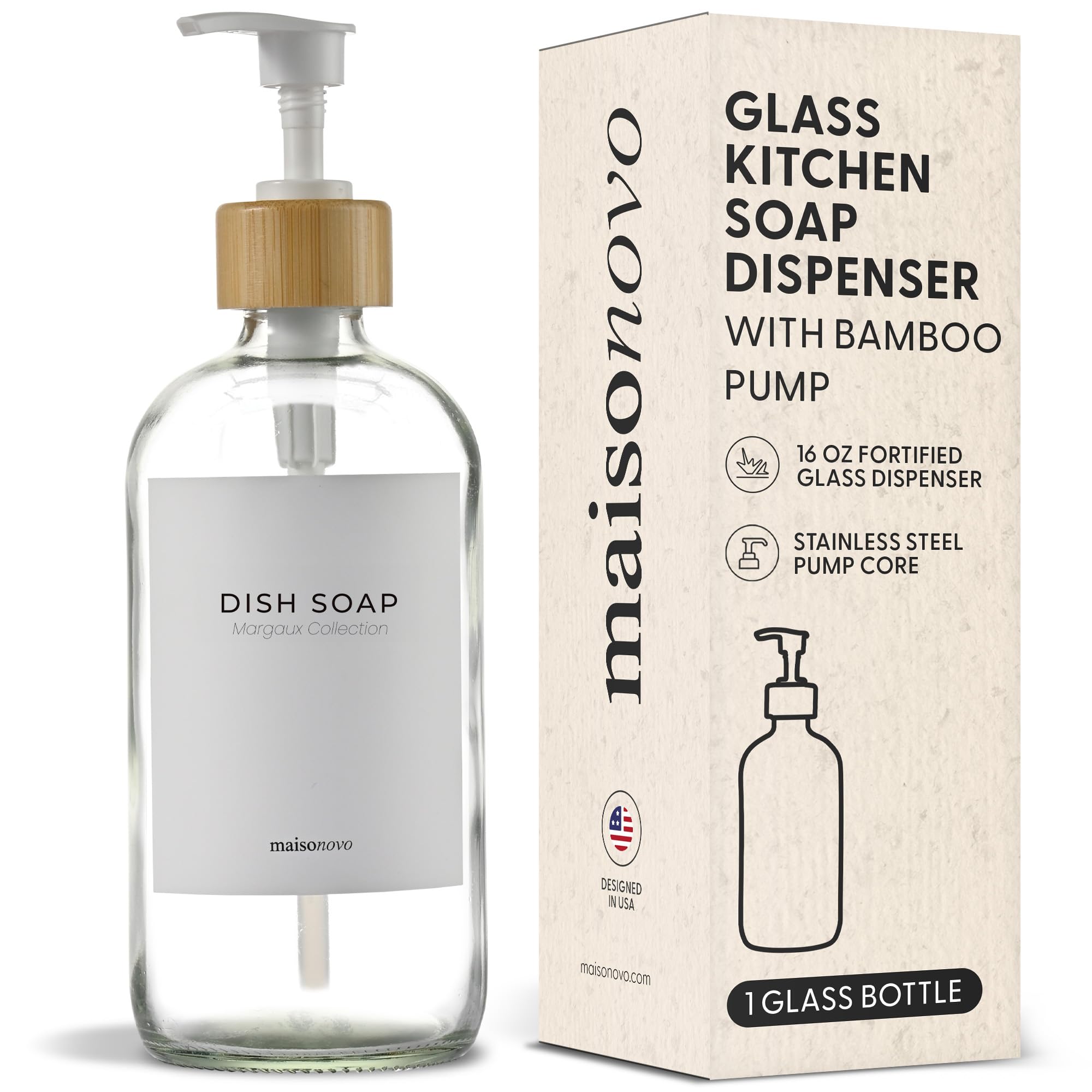 MaisoNovo 500ml Glass Soap Dispenser with White Bamboo Pump | Clear