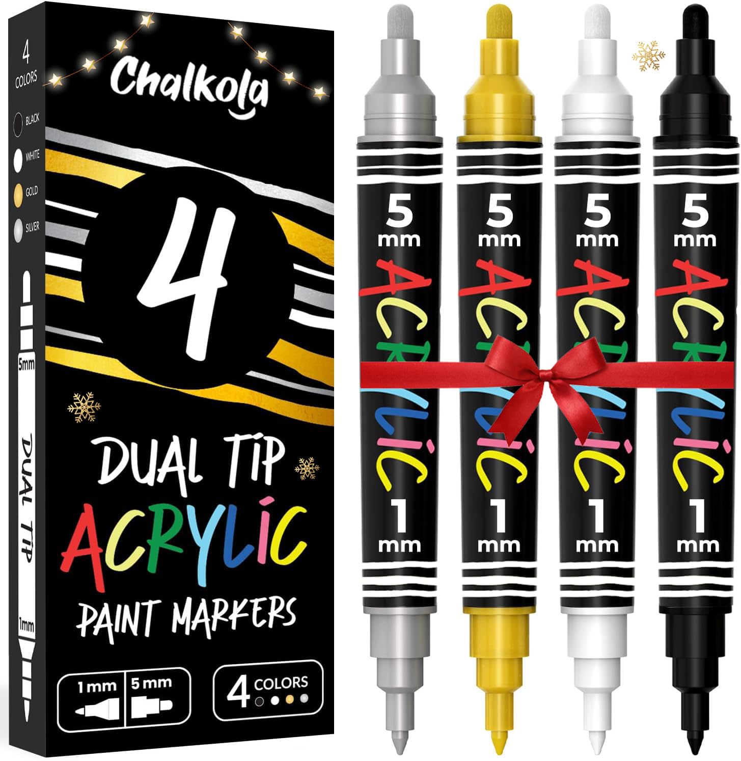 Chalkola Dual Tip Acrylic Paint Pens - 4 Pack Black White Gold Silver