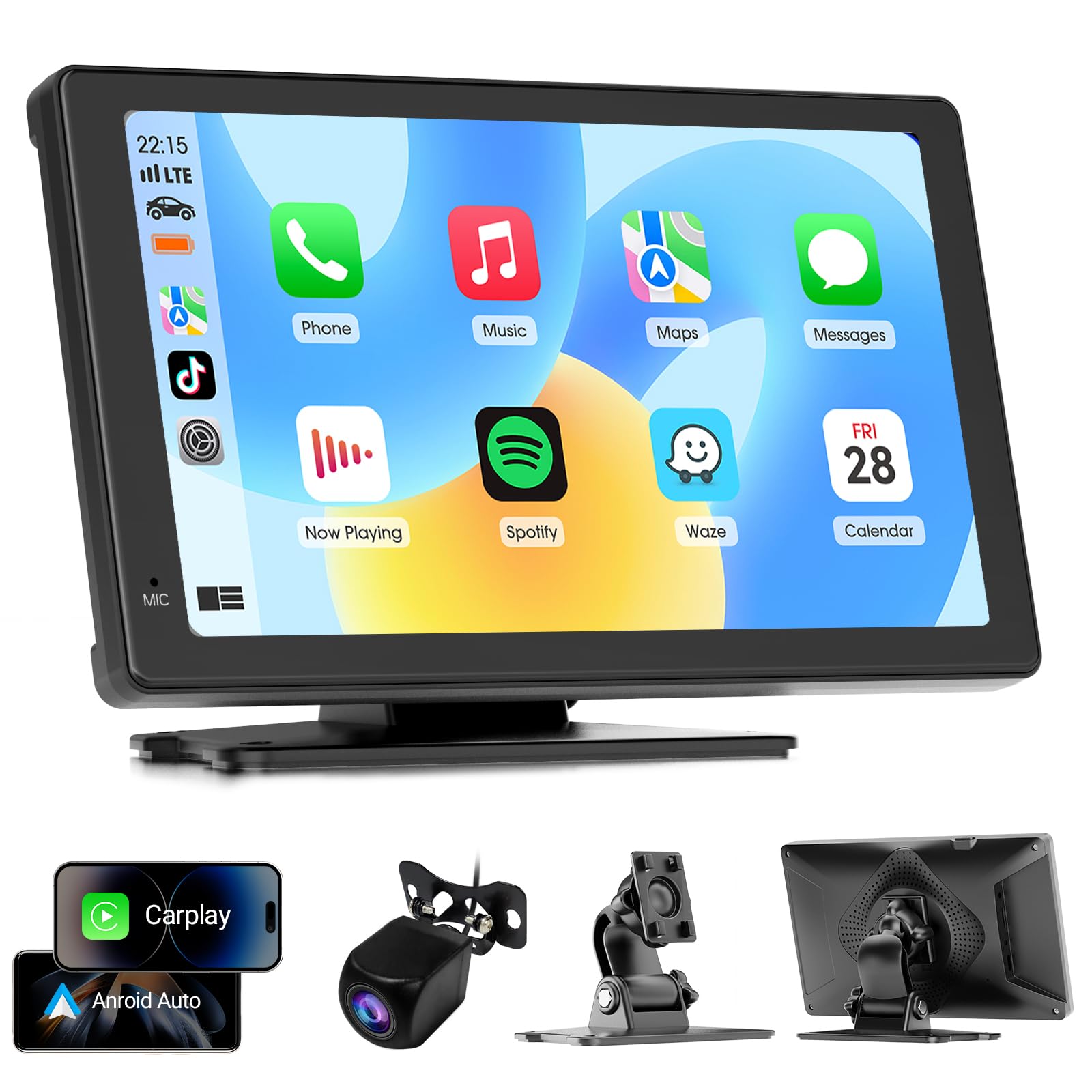 Haudio 7 Inch Portable Carplay Screen with 1080P Rear Camera & Android Auto