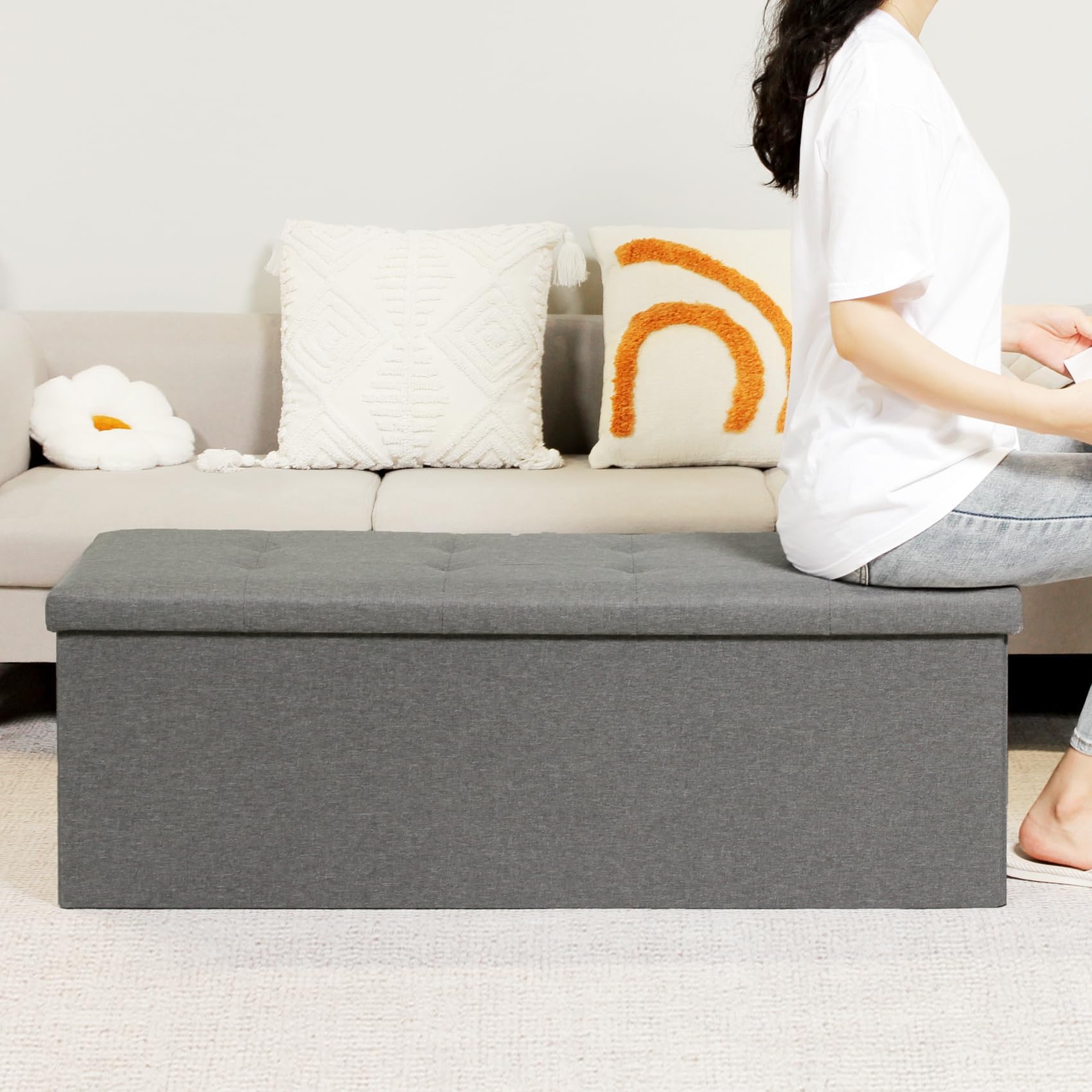 Bonlife Grey Extra Large Folding Storage Ottoman Bench | 110cm Toy Chest
