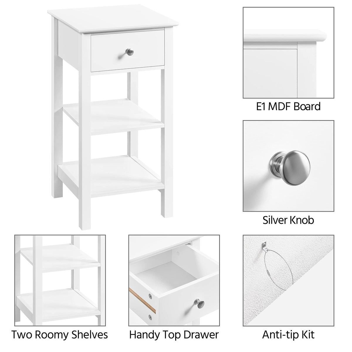 Yaheetech Bedside Table with Drawer and 2 Open Shelves, White - image 5