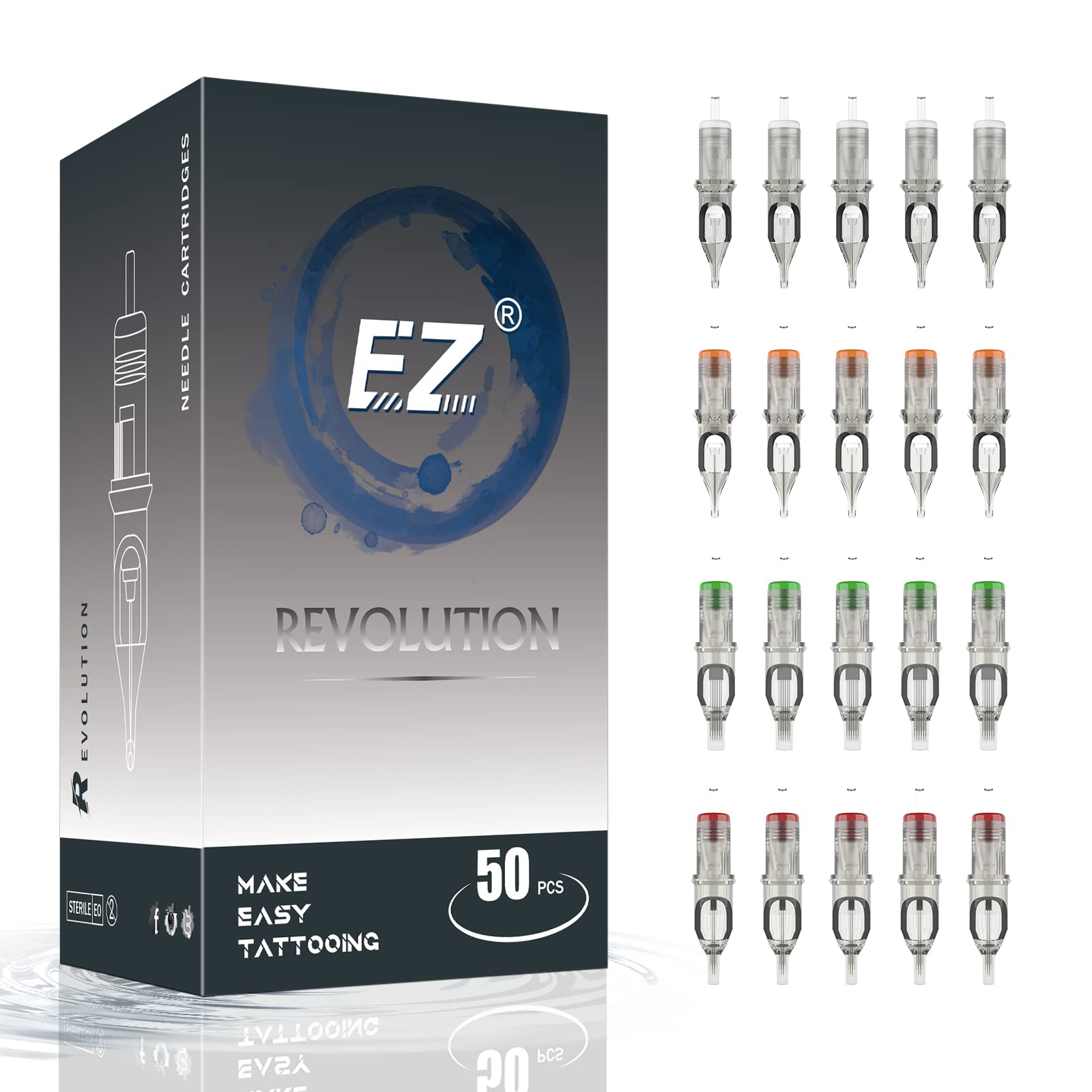 EZ Revolution Tattoo Cartridge Needles - 50Pcs Assorted Mixed Sizes