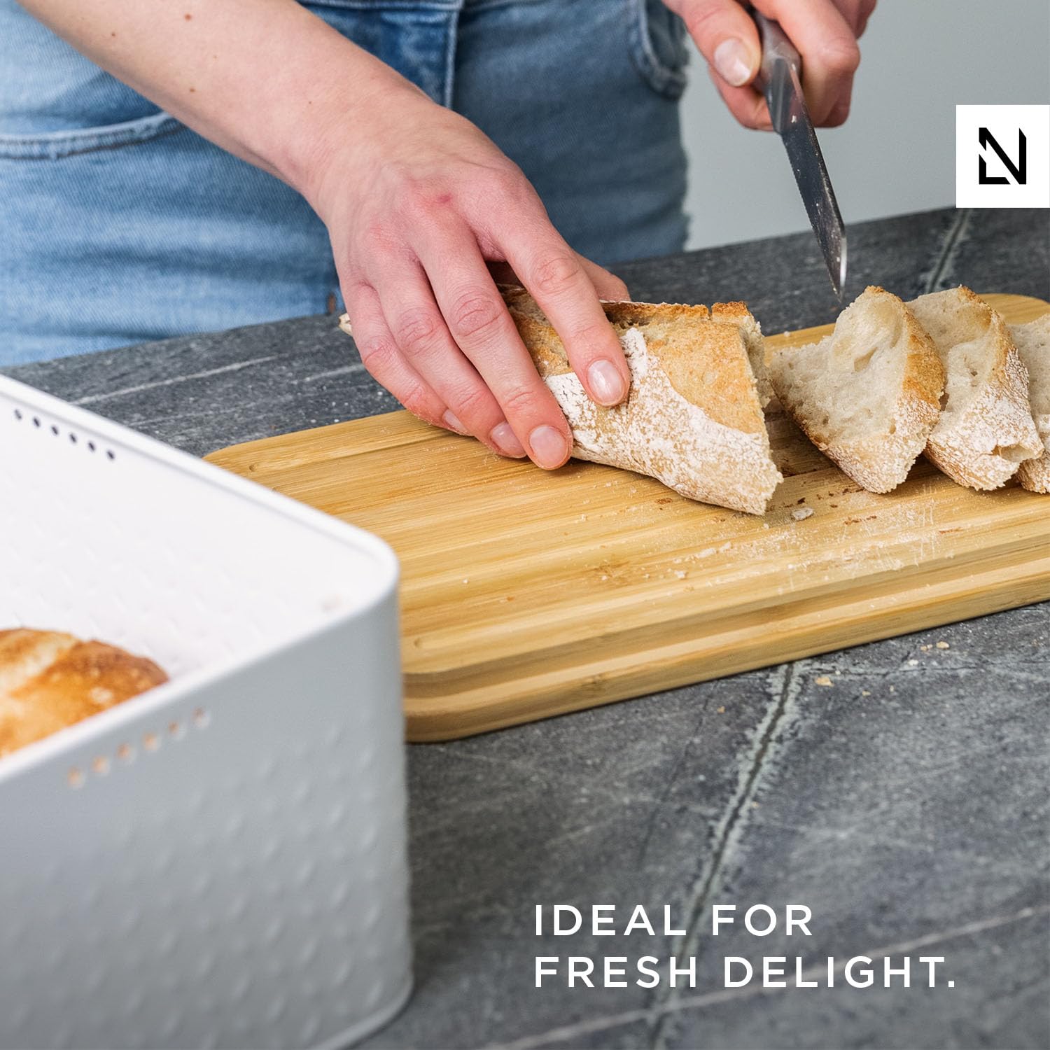 LARS NYSØM Metal Bread Bin with Bamboo Cutting Board Lid & Linen Bag