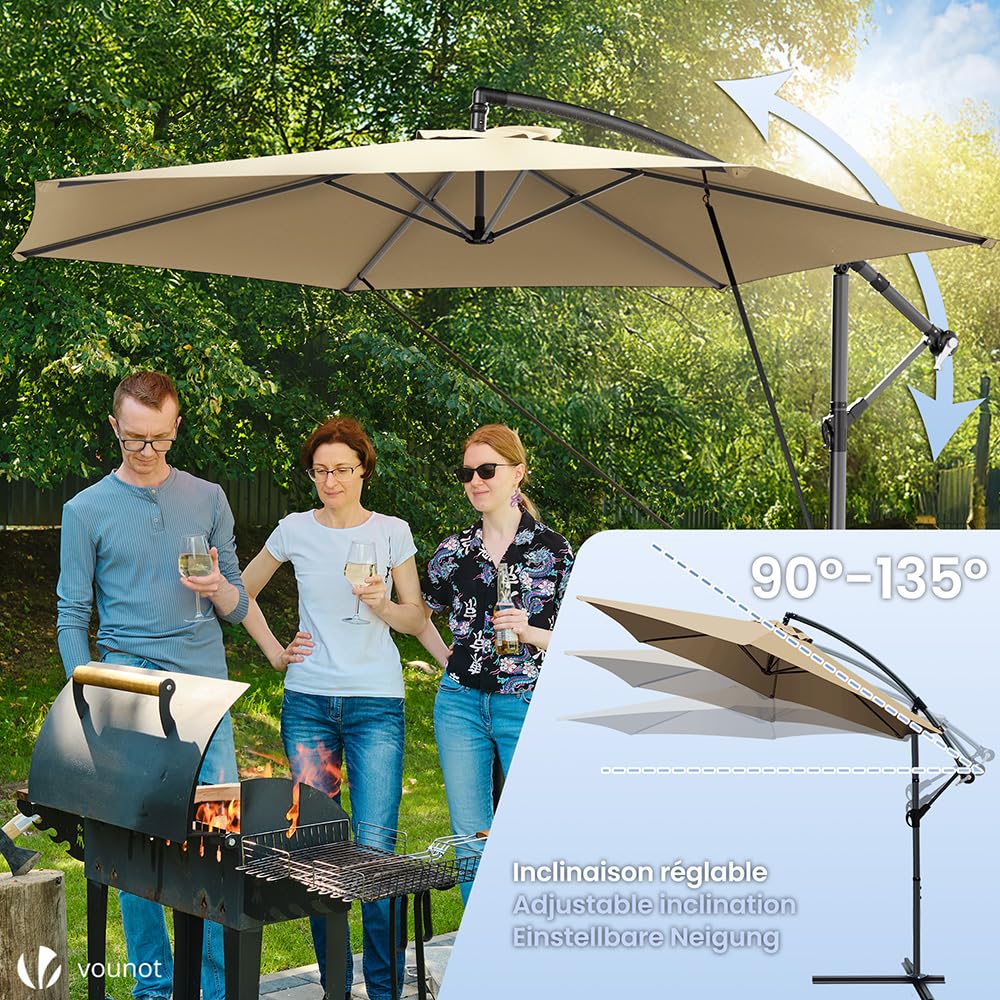VOUNOT 3m Cantilever Garden Parasol – Tilting Banana Patio Umbrella, Khaki