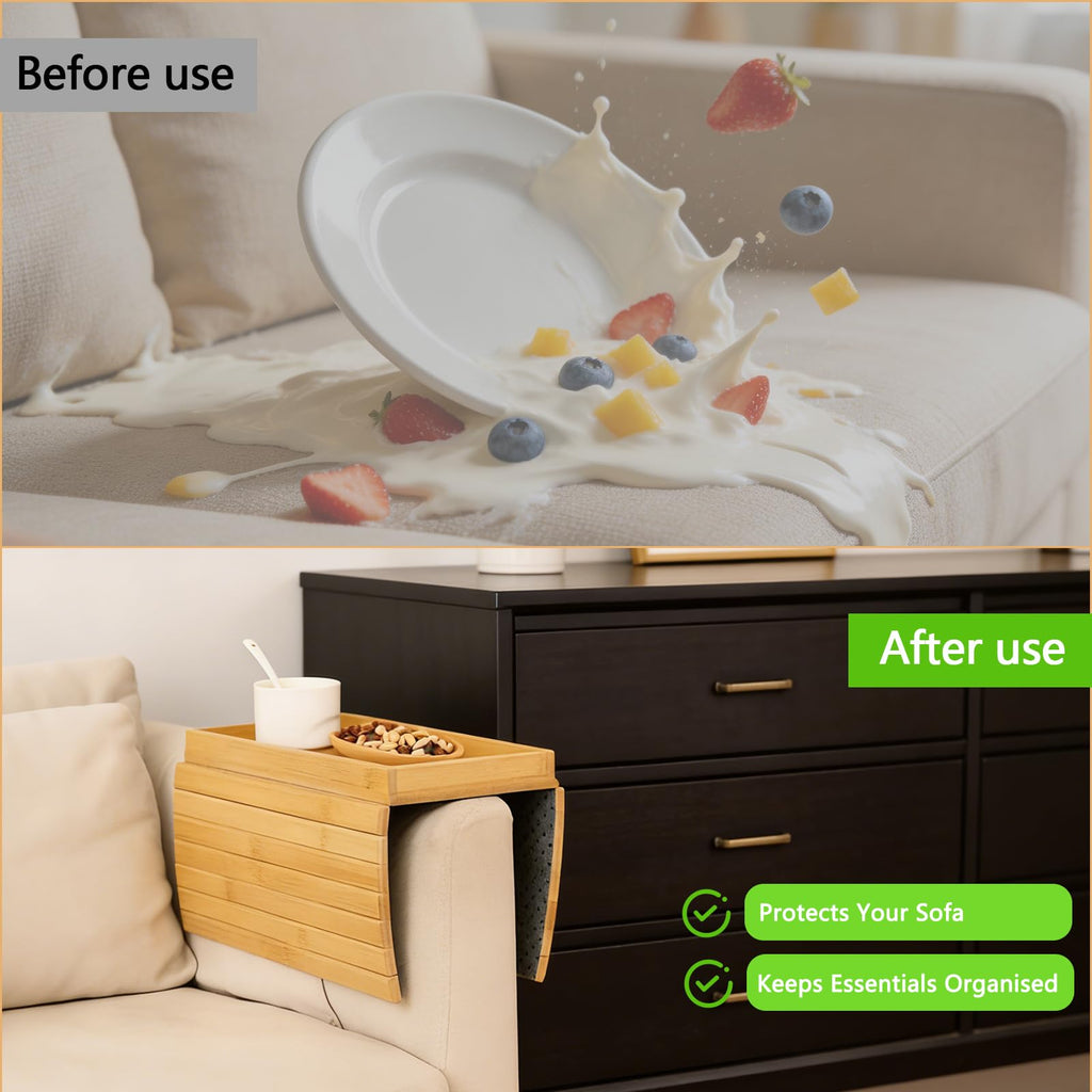 Solid Wood Armrest Tray, Space-Saving Table for Snacks & Drinks, Non-Slip Grooves, Includes 1 Wooden Coaster, Sofa Armrest Organizer - image 5