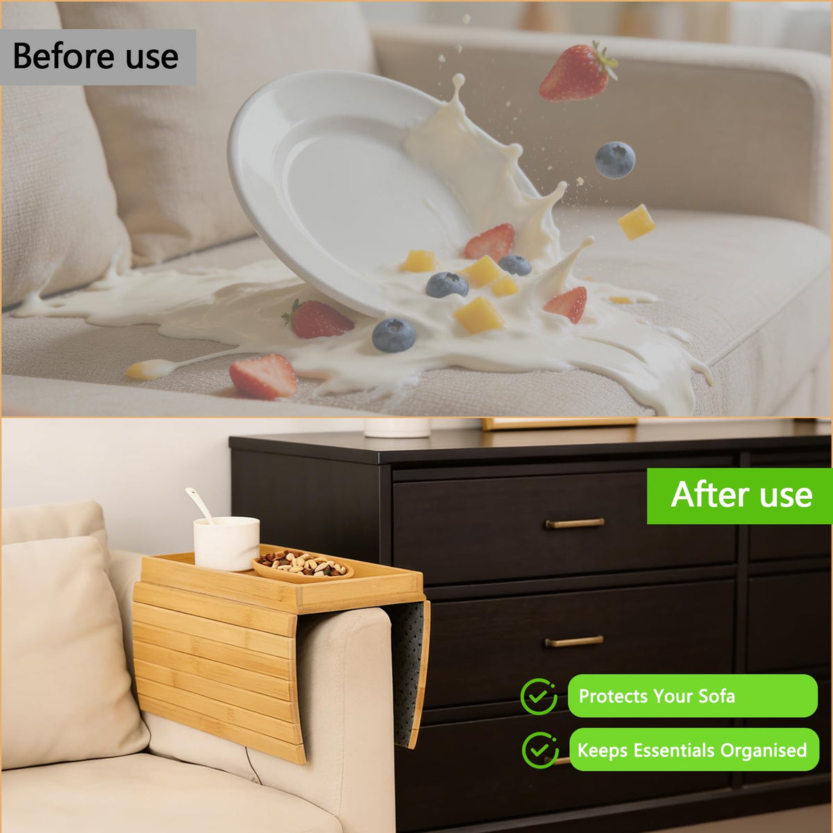 Solid Wood Armrest Tray, Space-Saving Table for Snacks & Drinks, Non-Slip Grooves, Includes 1 Wooden Coaster, Sofa Armrest Organizer - image 5
