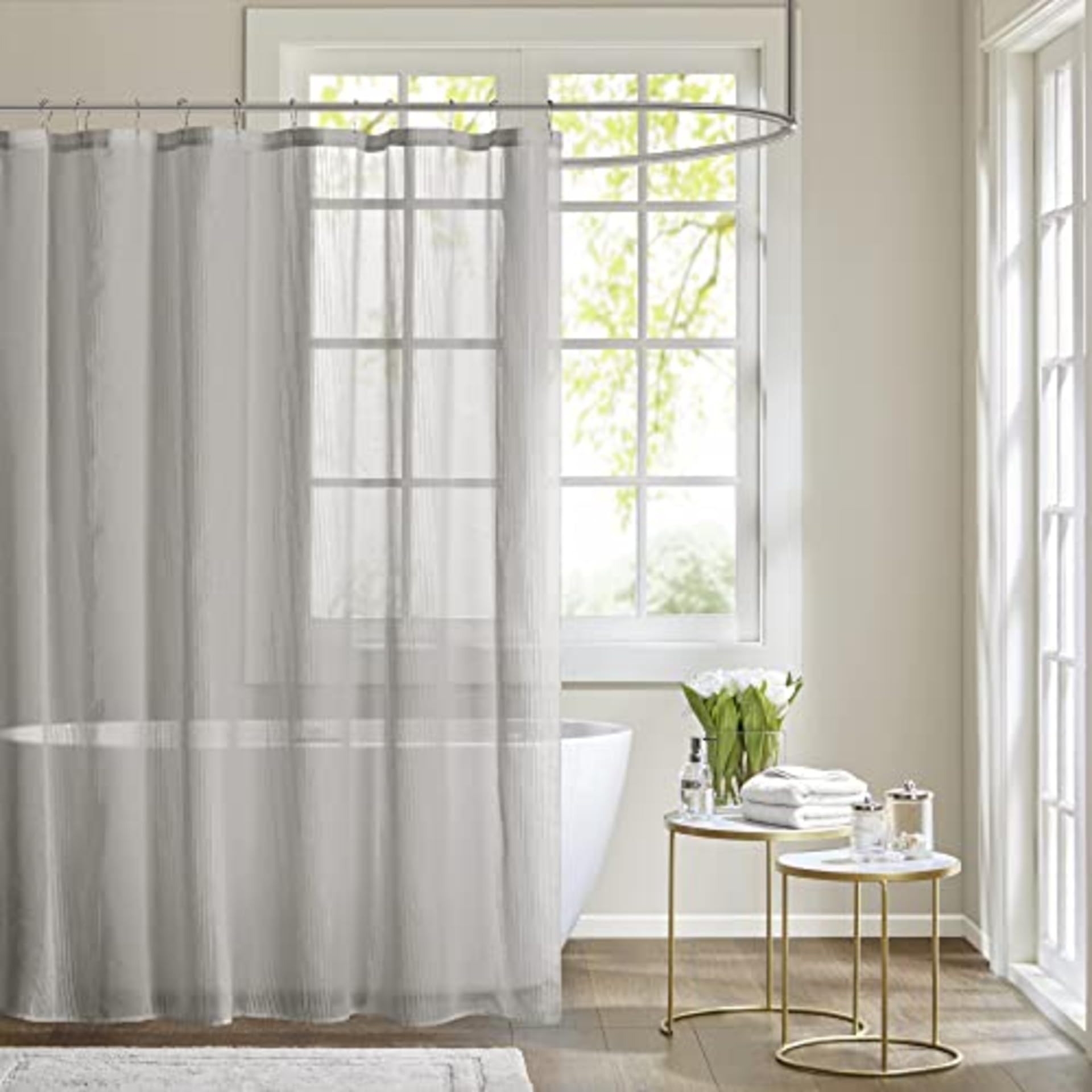 Madison Park Anna Sheer Shower Curtain | Grey Textured Striped Fabric