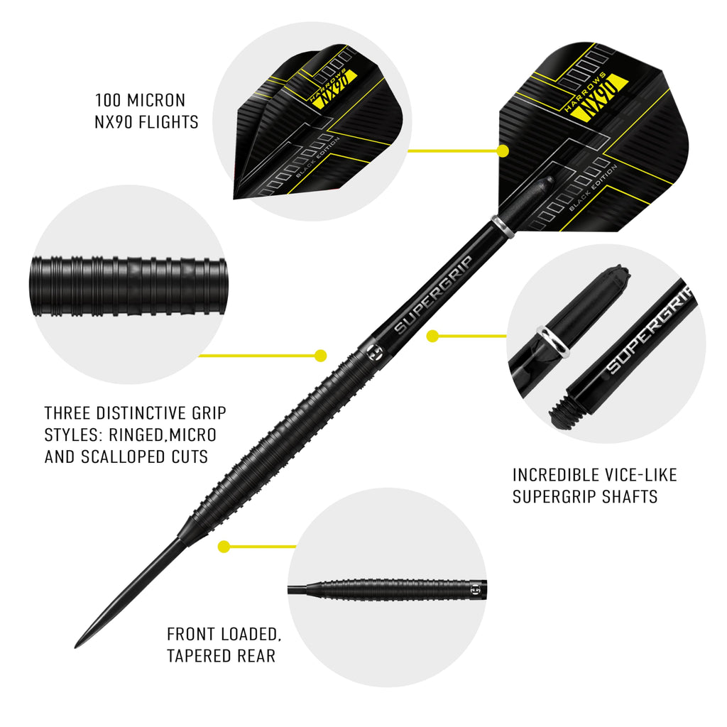 Harrows NX90 Black Edition 90% Tungsten Steel Tip Darts Set - 21g-26g