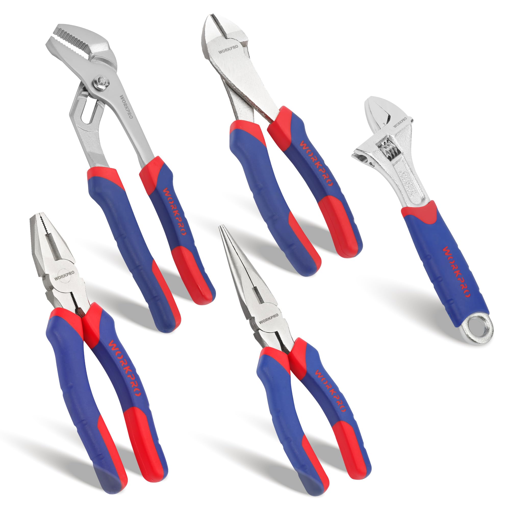 WORKPRO 5-Piece Pliers Set with Adjustable Wrench & Soft Grip Handles