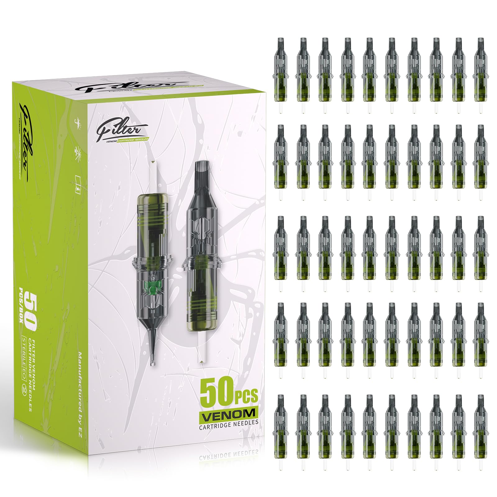 EZ Tattoo Venom Cartridge Needles - 50Pcs #10 Bugpin Mixed Curved Magnum