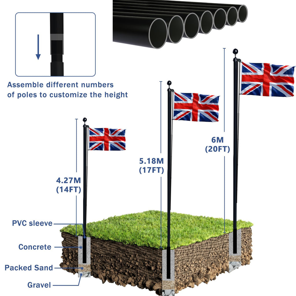 NQ 20FT Heavy Duty Aluminum Flag Pole Kit | Sectional In-Ground Flagpole