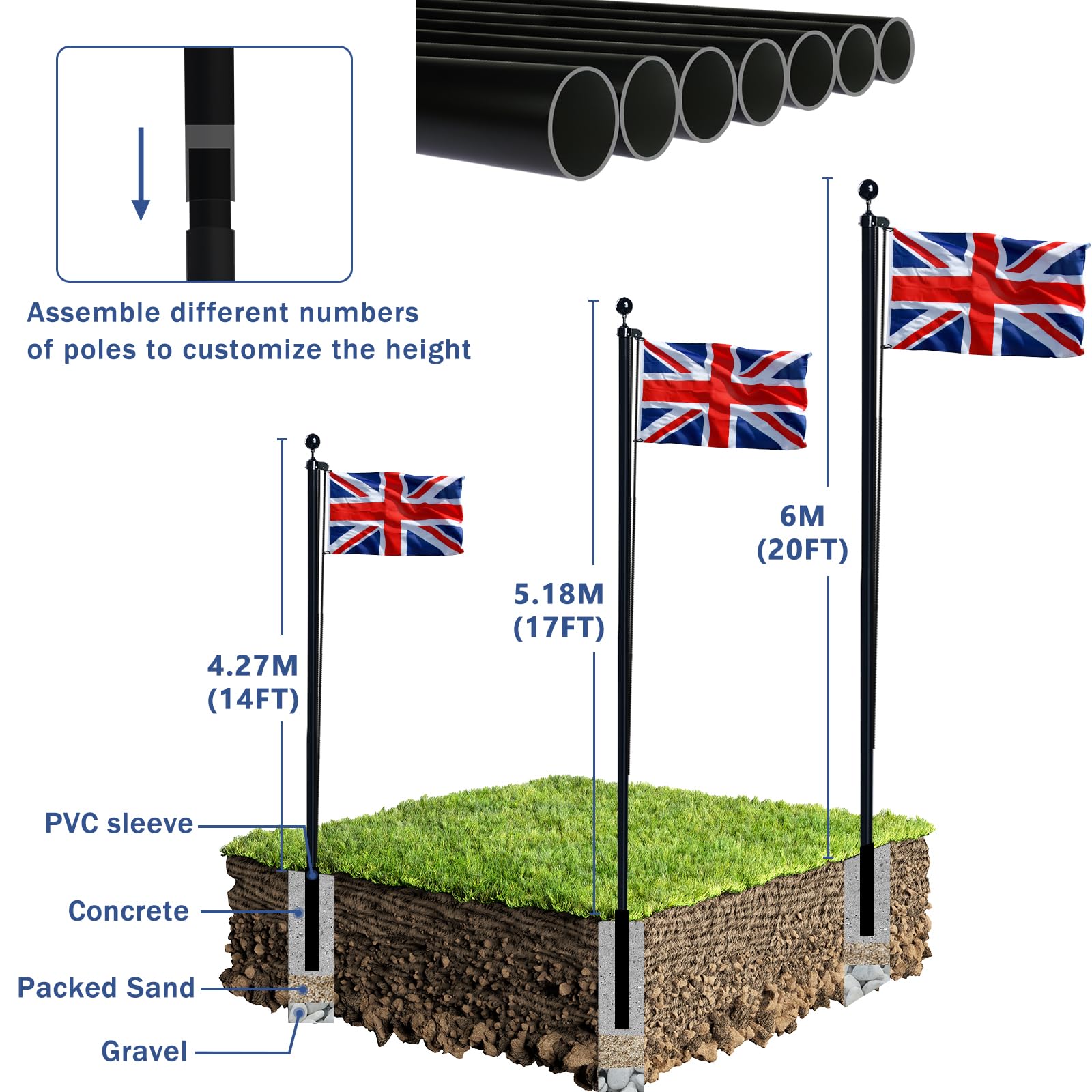 NQ 20FT Heavy Duty Aluminum Flag Pole Kit | Sectional In-Ground Flagpole