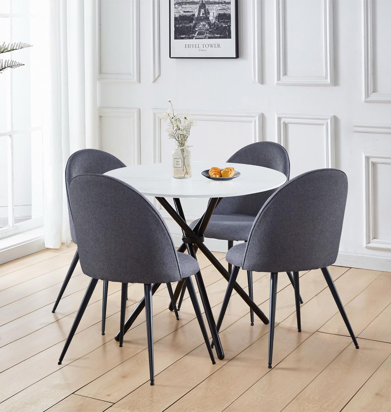 Hallowood Cullompton Round Marble Dining Table and 4 Grey Fabric Chairs