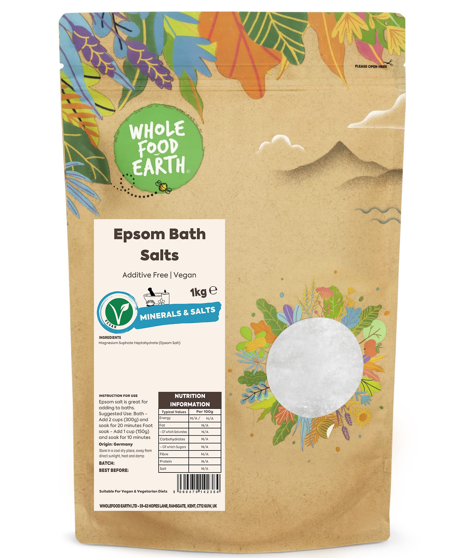 Wholefood Earth Epsom Salts 1kg – Pure Magnesium Sulphate Bath Salts