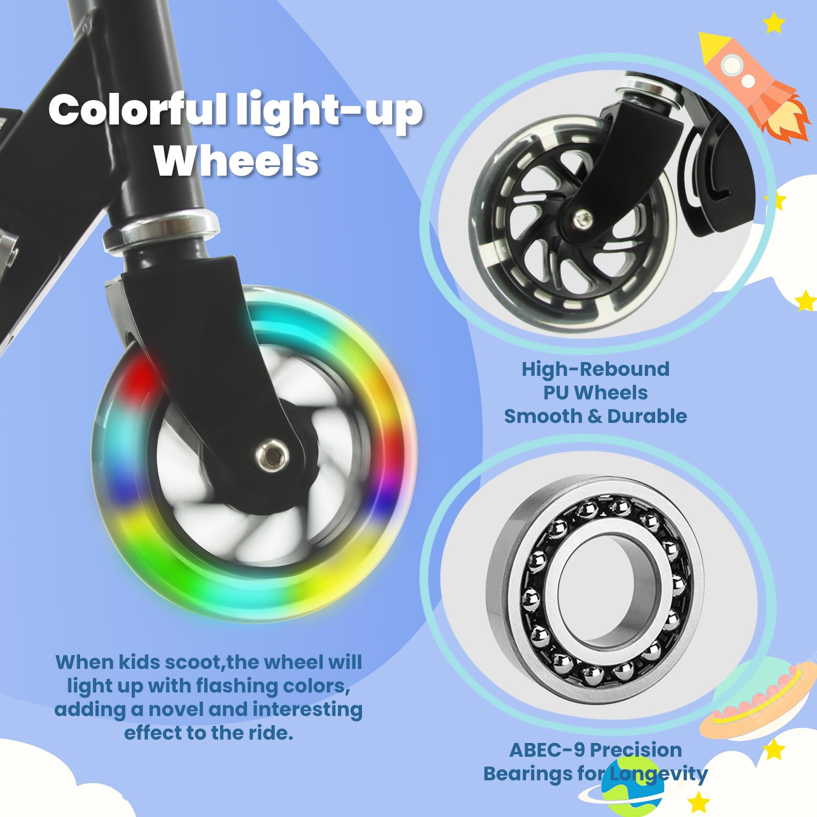 TENBOOM Kids Scooter with Light Up Wheels – Foldable 2-Wheel Kick Scooter