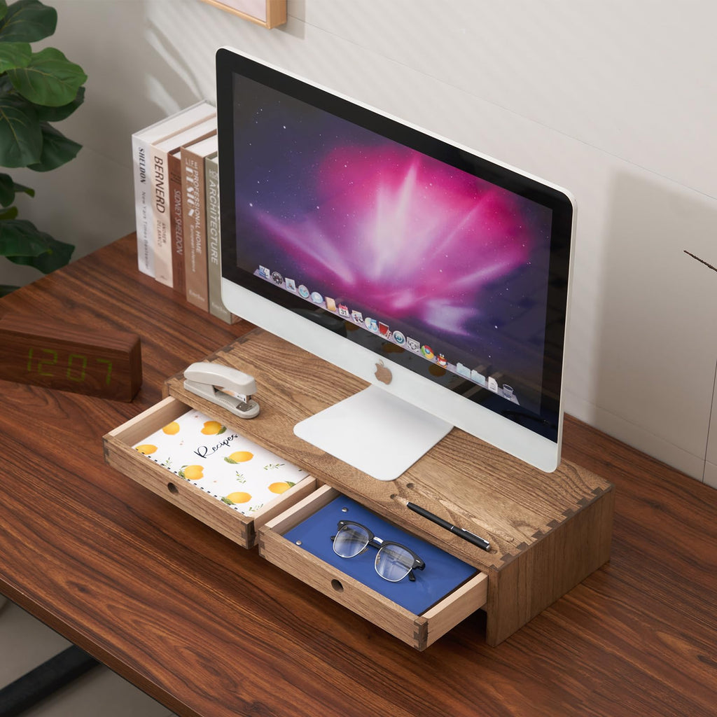 KIRIGEN Solid Wood Monitor Stand with 2 Drawers – Dark Brown Desk Riser