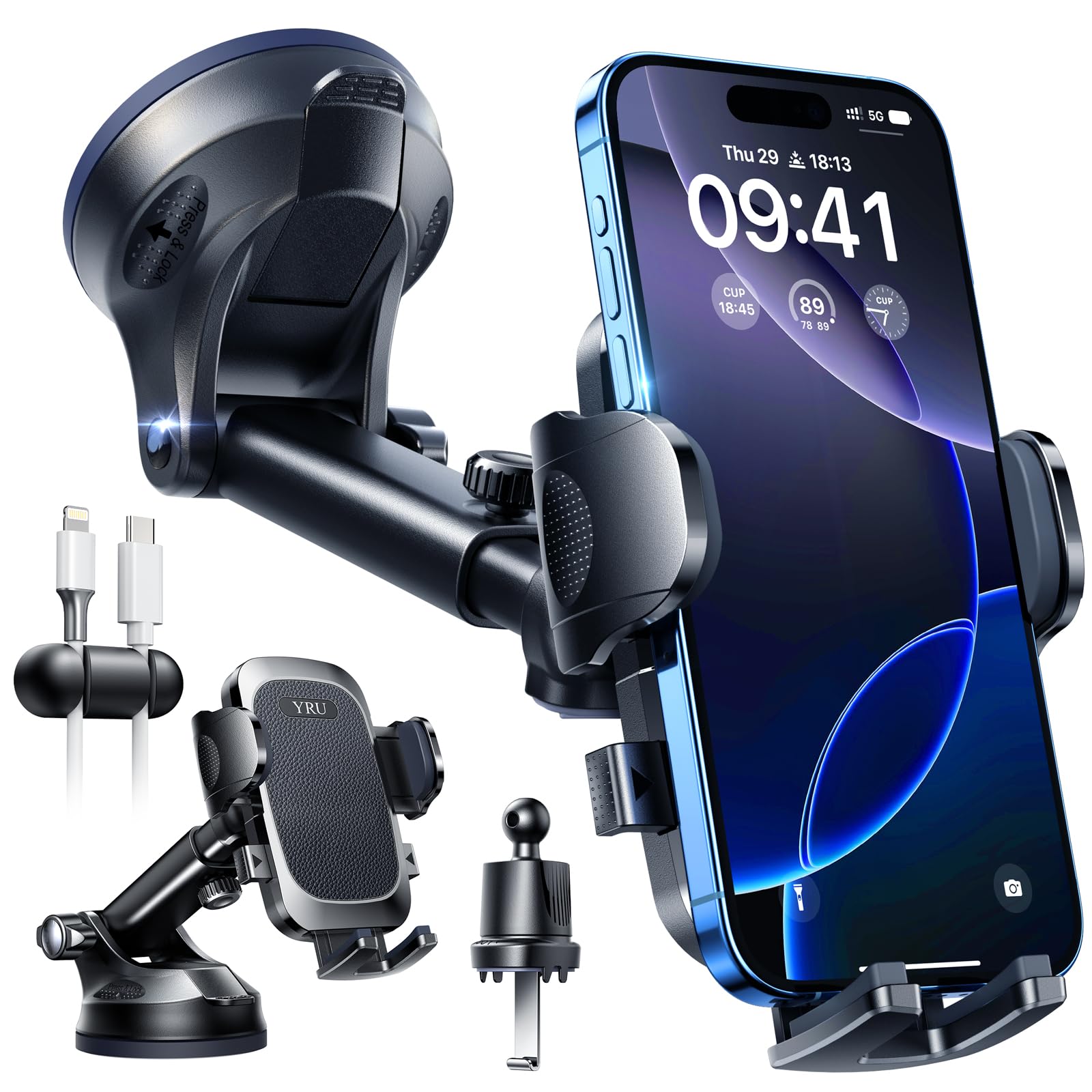 YRU Car Phone Holder Mount | Military-Grade Suction Cup for Dashboard