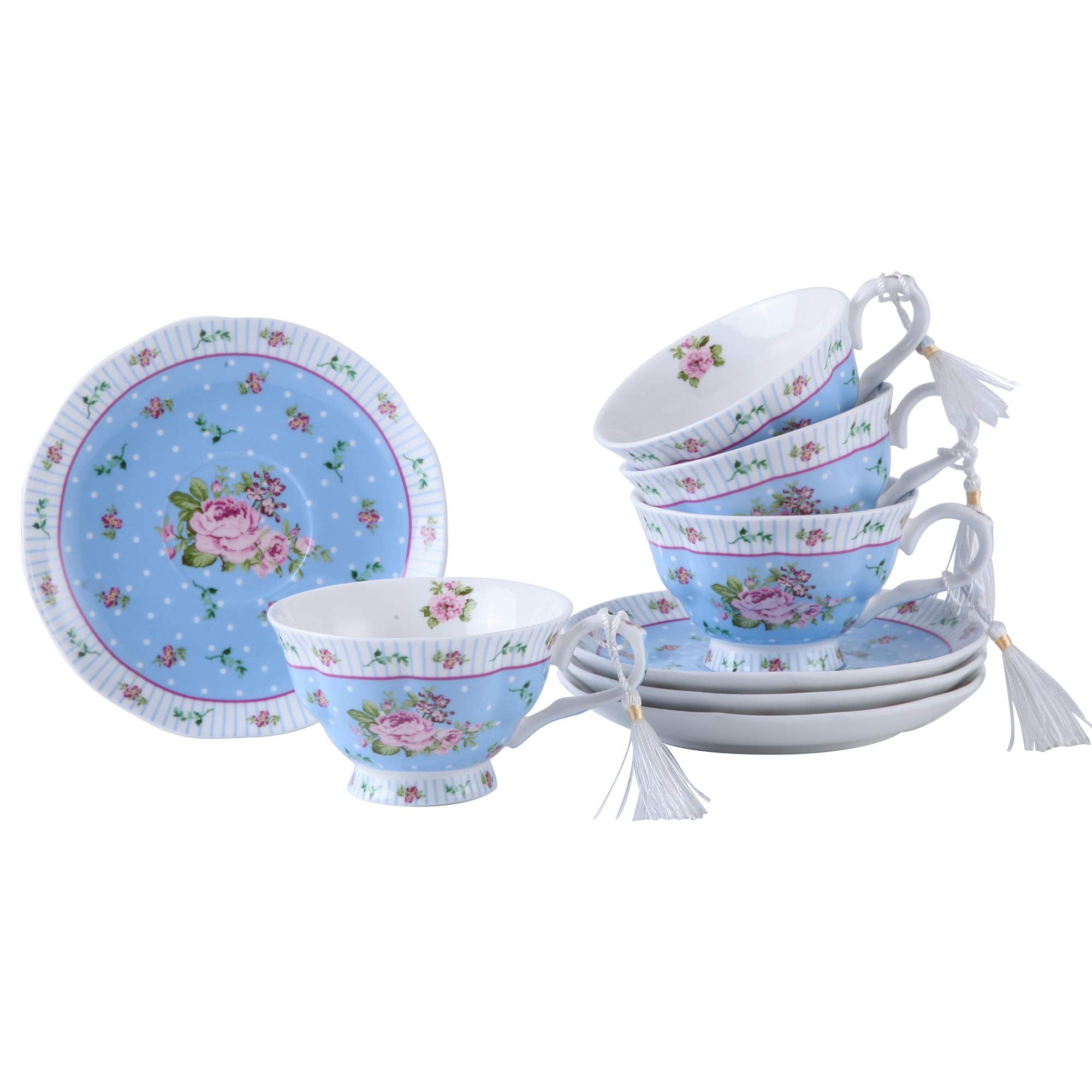 London Boutique Vintage Porcelain Tea Cup and Saucer Set - 4 Piece Rose Blue