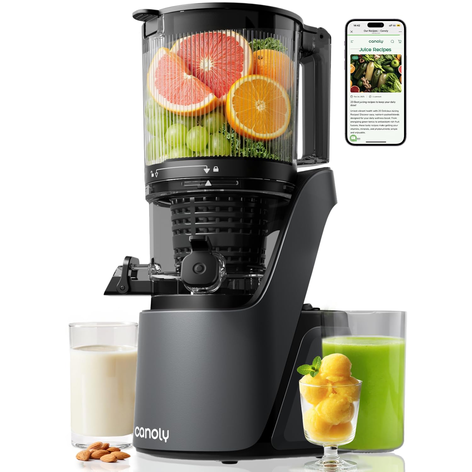 Canoly Cold Press Masticating Juicer – 150mm Large Feed Chute, Space Gray
