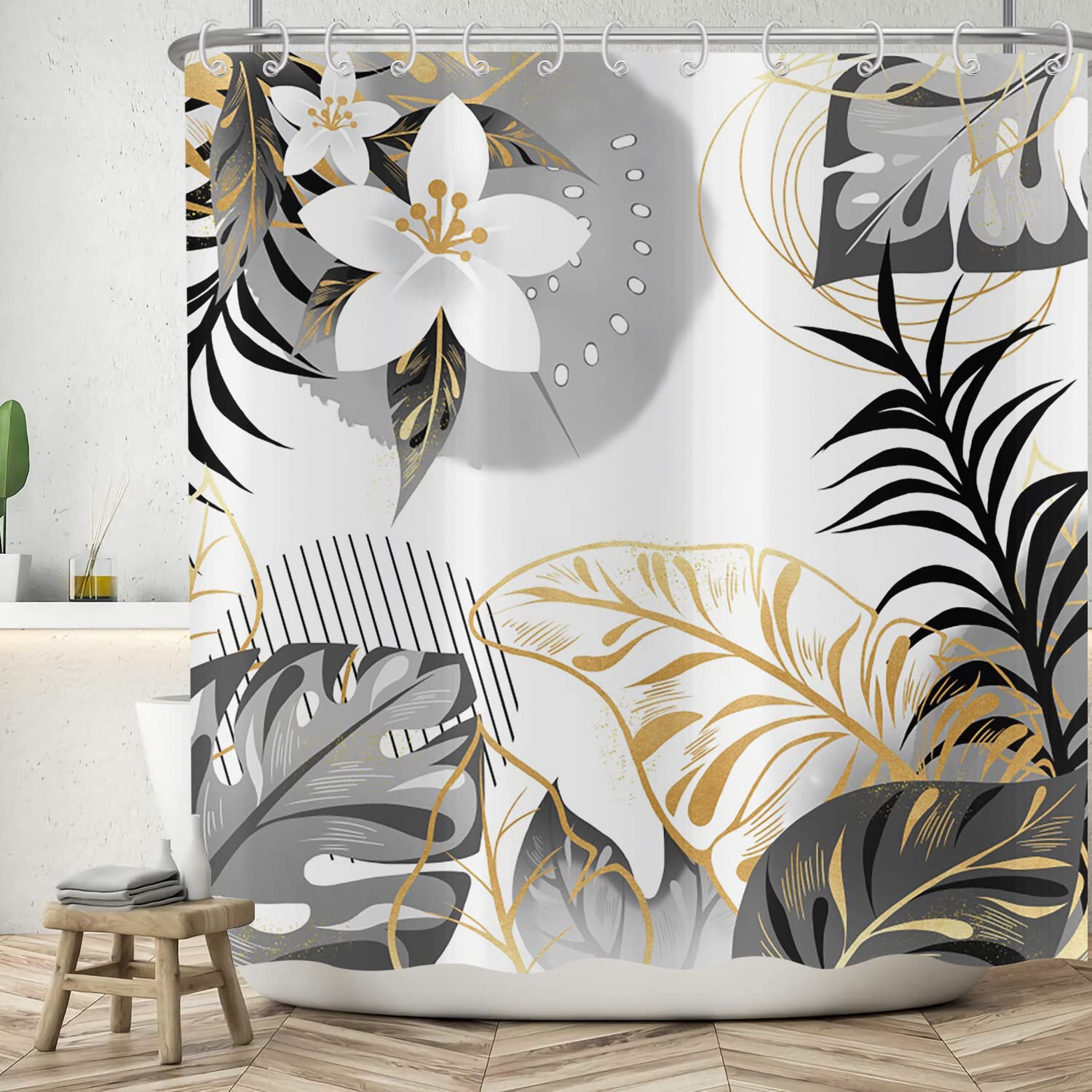 ASDCXZ Black Gold Leaves Shower Curtain | Waterproof Polyester 180x180cm