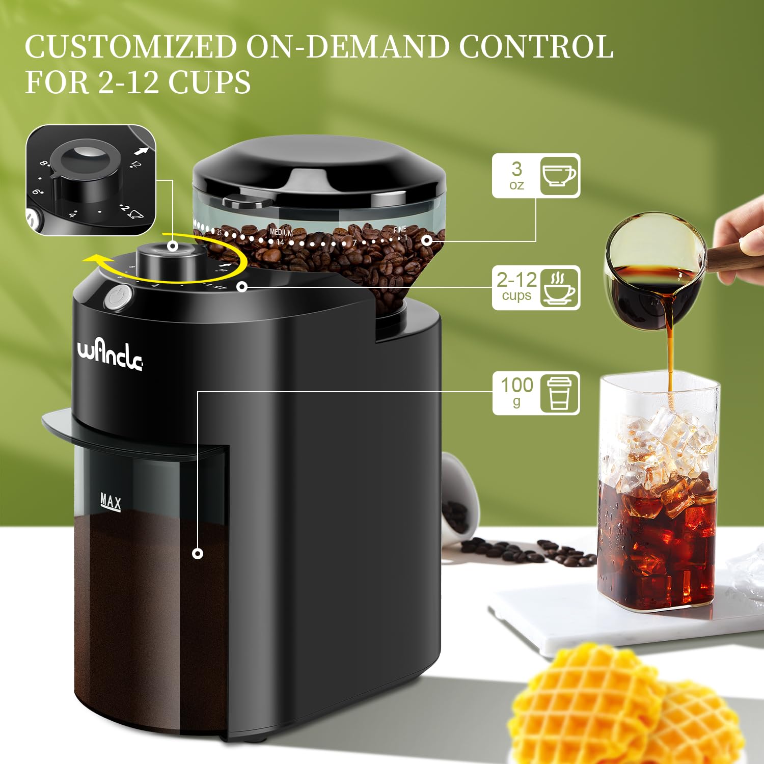 Wancle Electric Burr Coffee Grinder – 28 Settings for 2-12 Cups