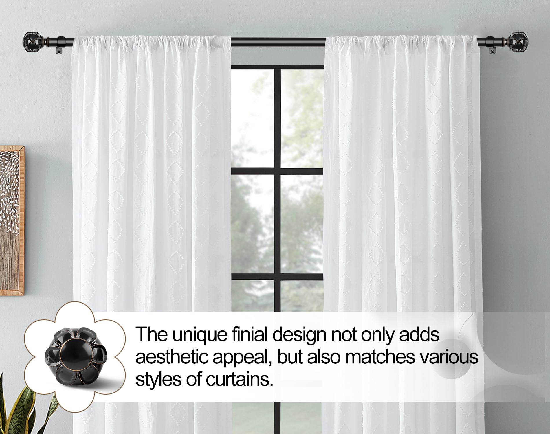 KAMANINA Extendable Curtain Pole | 80-304cm Black Rod with Netted Finials