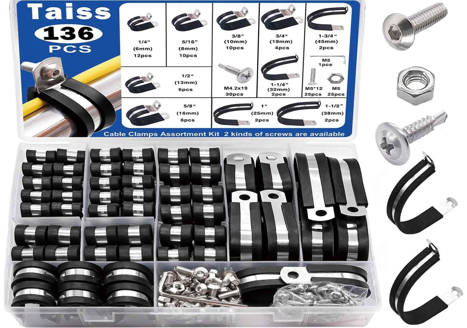 Taiss 136PCS 304 Stainless Steel Rubber Lined P Clips & Hose Clamp Kit