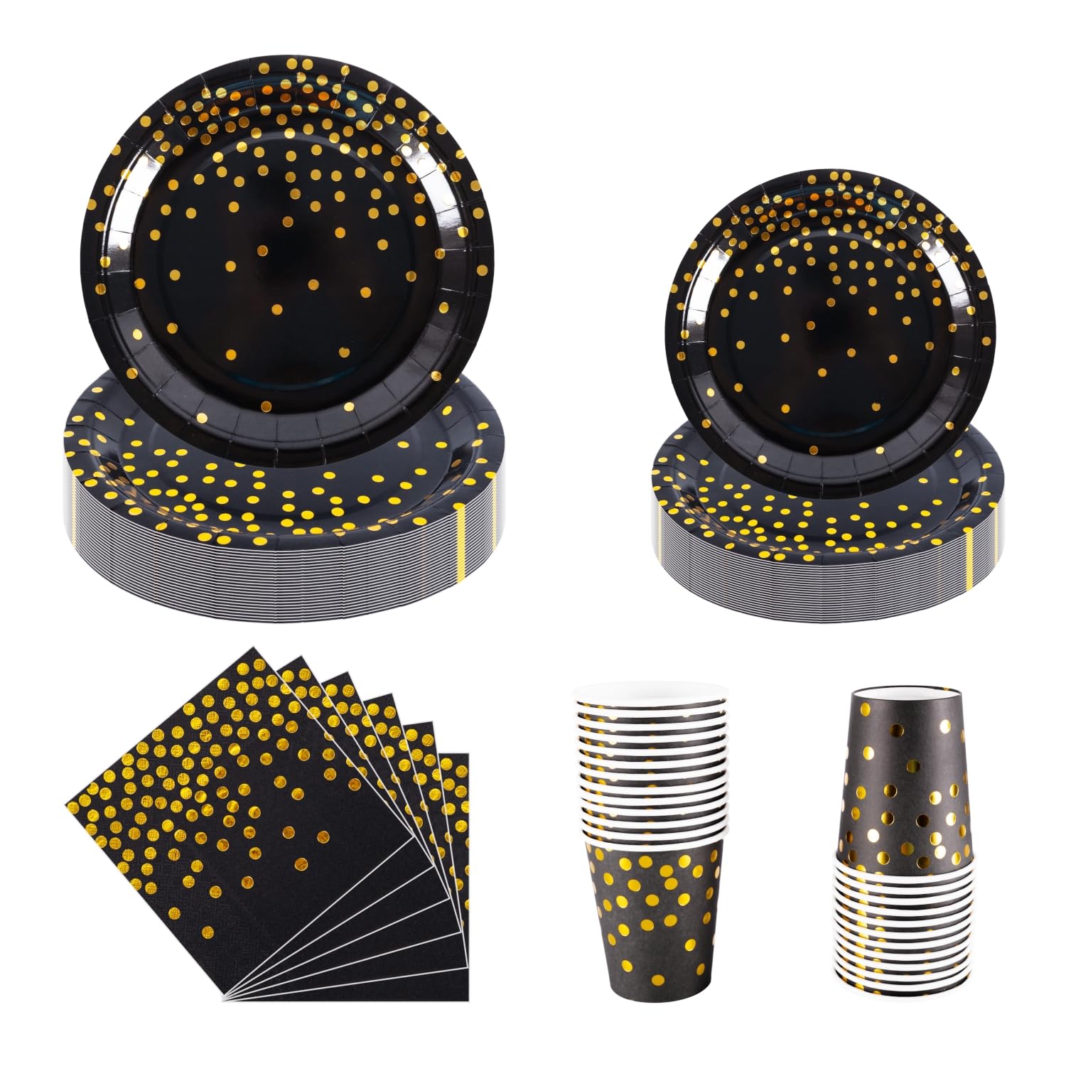 CEILIWEN Black and Gold Polka Dot Party Plates and Napkins Set - 25 Guests