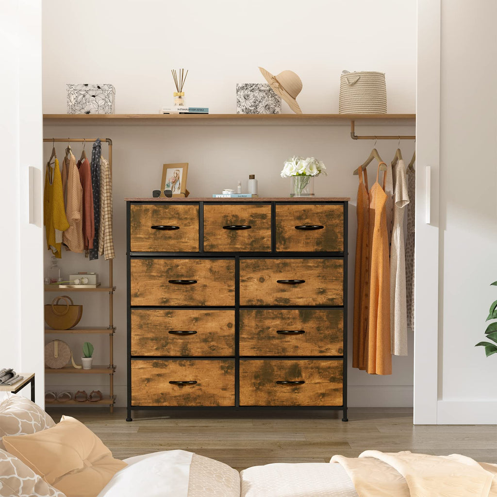 LYNCOHOME 9-Drawer Fabric Dresser – Large Storage Chest with Wood Top