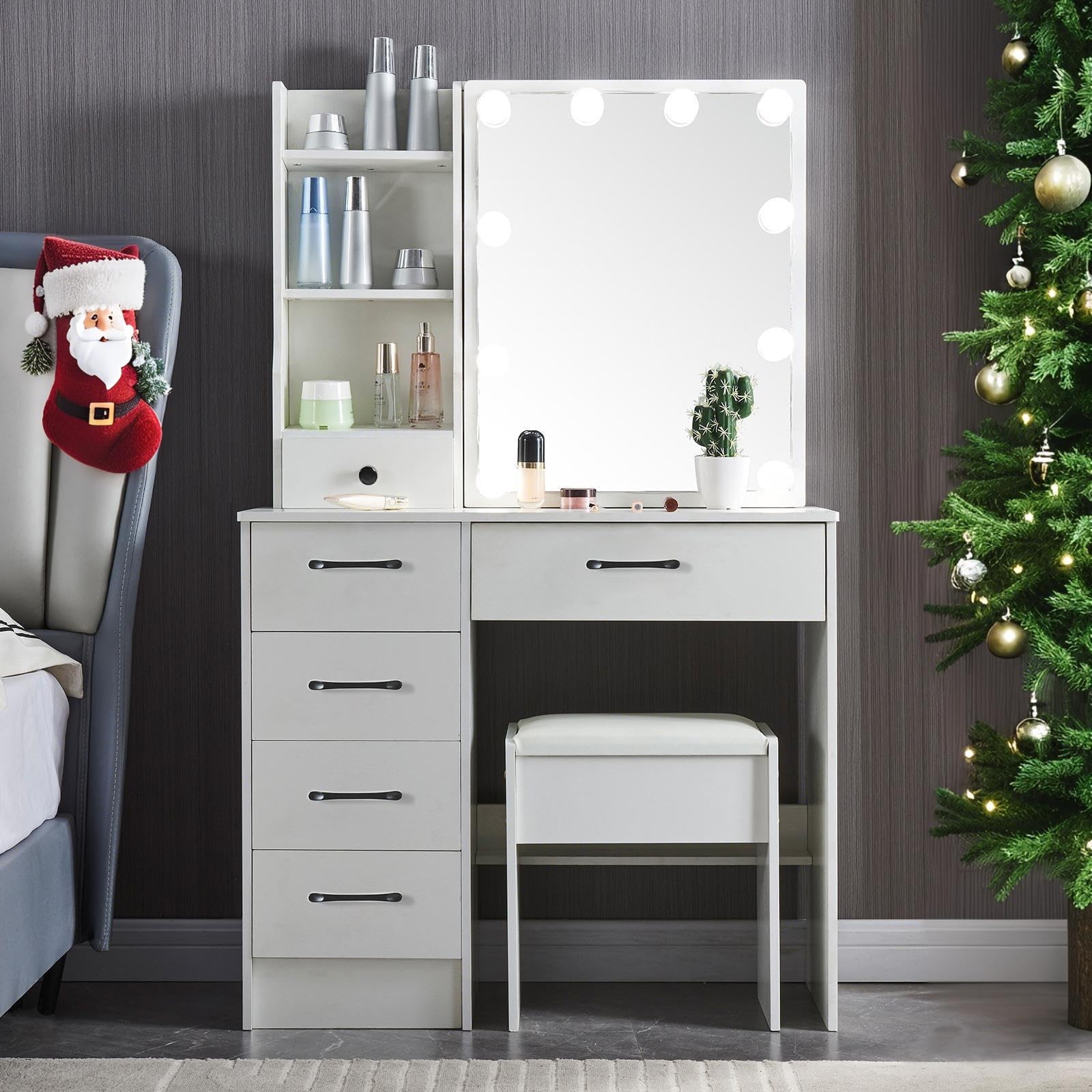 Makeup Vanity Desk with LED Mirror and 6 Drawers - White