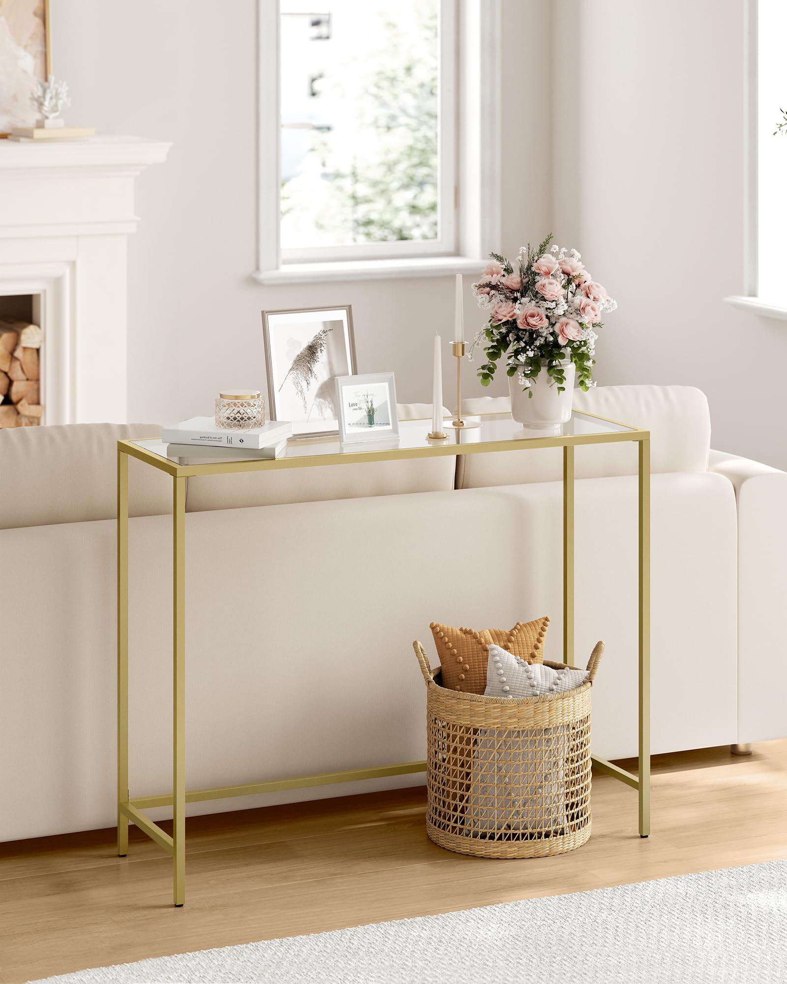 VASAGLE Gold Console Table – Tempered Glass Top & Metal Frame