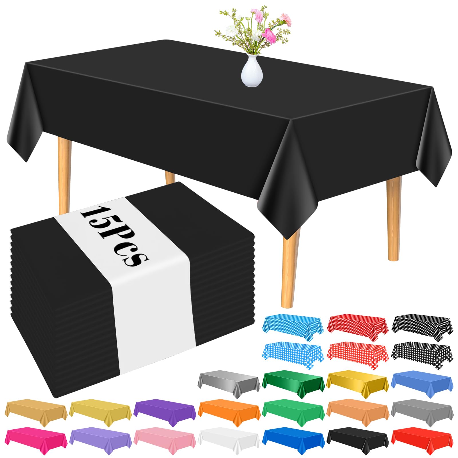 PLULON 15-Pack Black Plastic Tablecloth | 54x108 Rectangular Table Cover