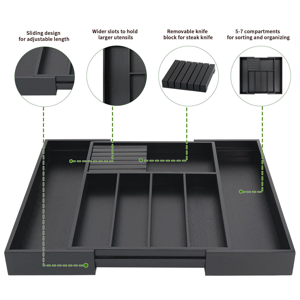 VaeFae Expandable Bamboo Silverware Drawer Organizer | Black Cutlery Tray