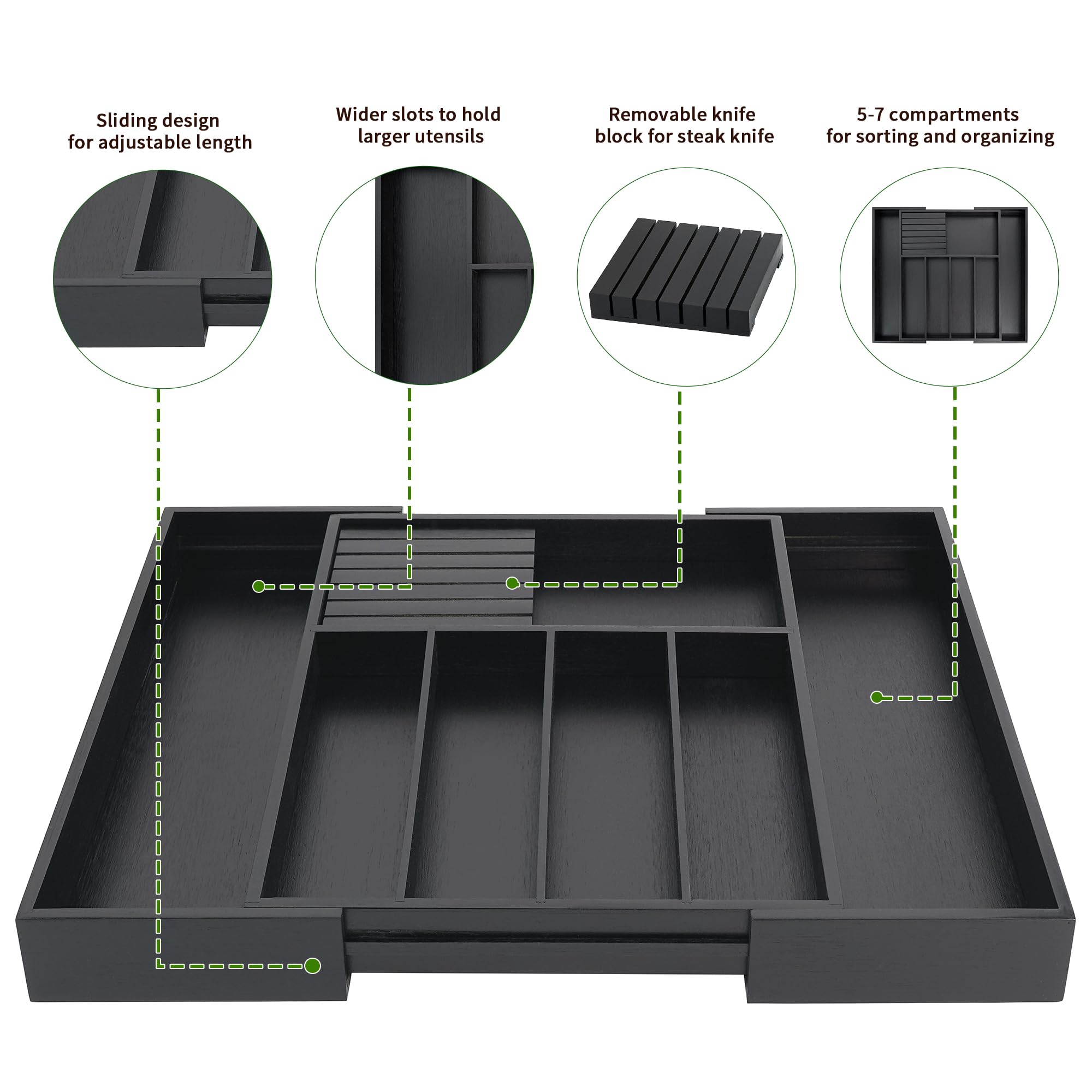 VaeFae Expandable Bamboo Silverware Drawer Organizer | Black Cutlery Tray