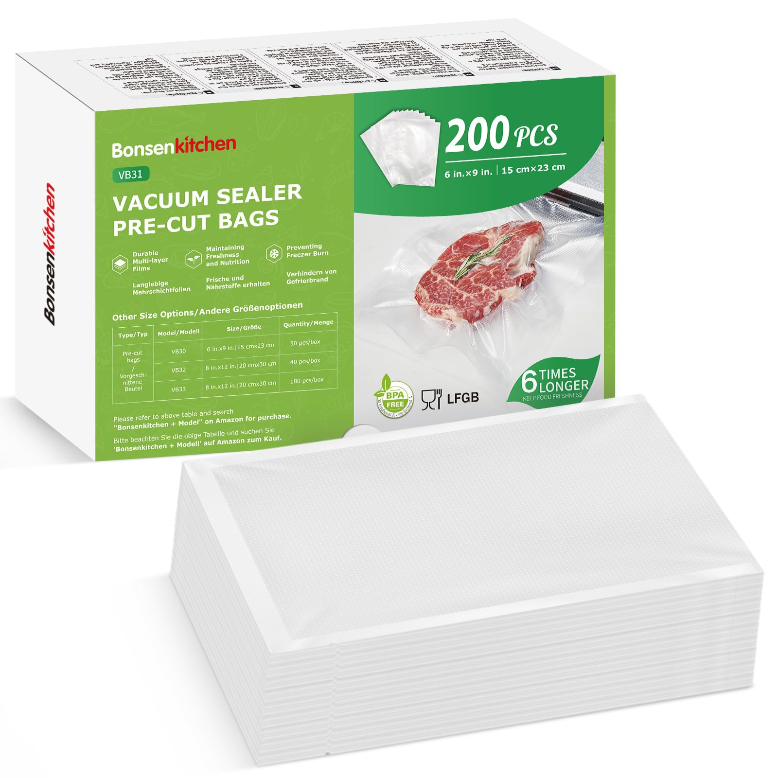 Bonsenkitchen Vacuum Sealer Bags | 200 Pcs 15x23cm BPA Free Heavy Duty