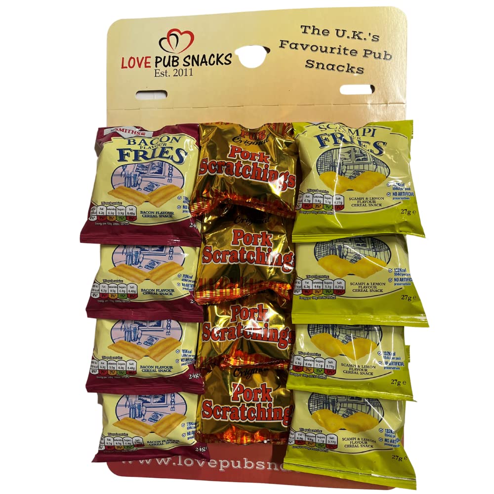 Traditional Pub Snack Card – Pork Scratchings, Bacon Fries & Scampi Fries (12 Bags)