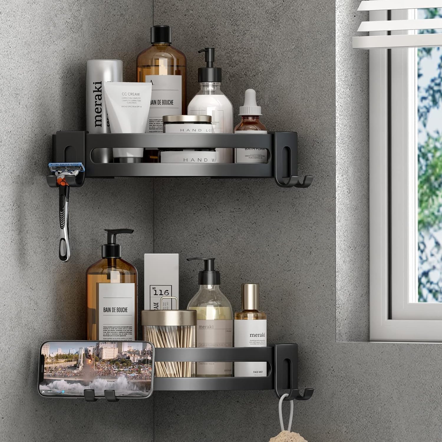 Voldra Corner Shower Caddy | Aluminum No-Drill Bathroom Shelves, 2-Pack