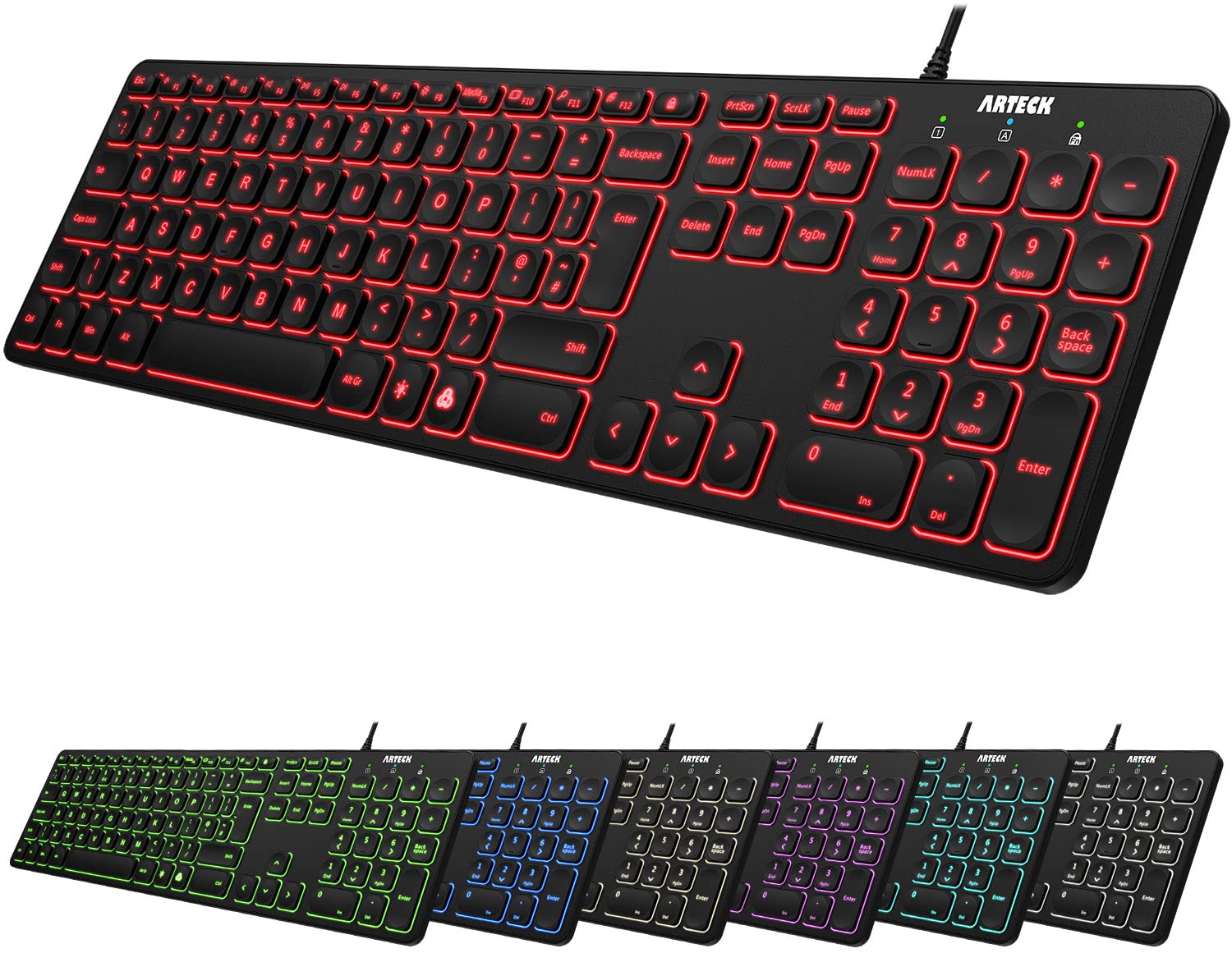 Arteck Backlit Wired Keyboard – Full Size USB Keyboard with 7 Colors