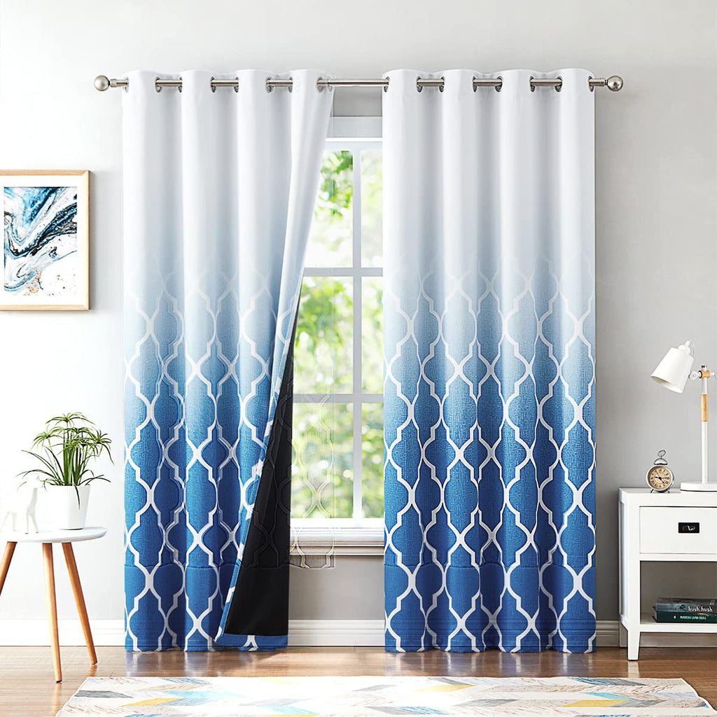 Beauoop Blue Ombre Blackout Curtains – Moroccan Geometric 90 Inch Drop