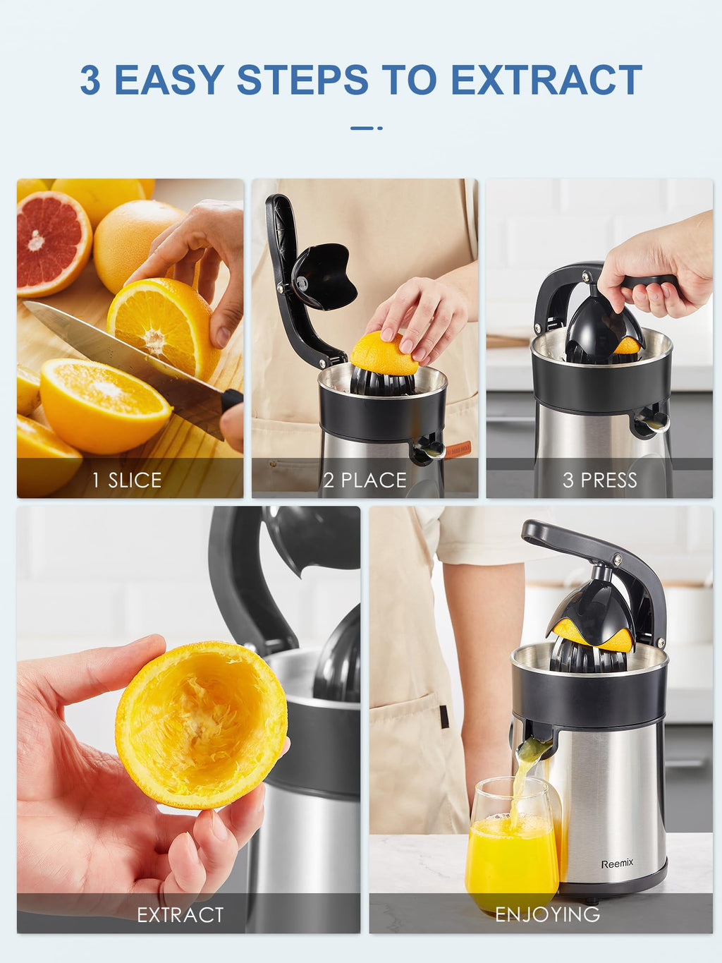 Reemix Electric Citrus Juicer – Stainless Steel Orange Juice Squeezer