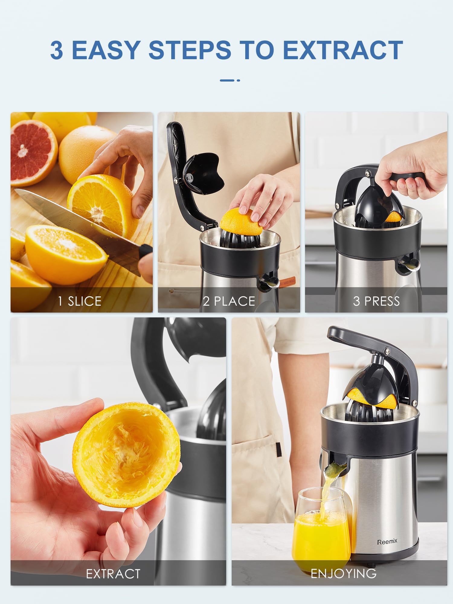 Reemix Electric Citrus Juicer – Stainless Steel Orange Juice Squeezer