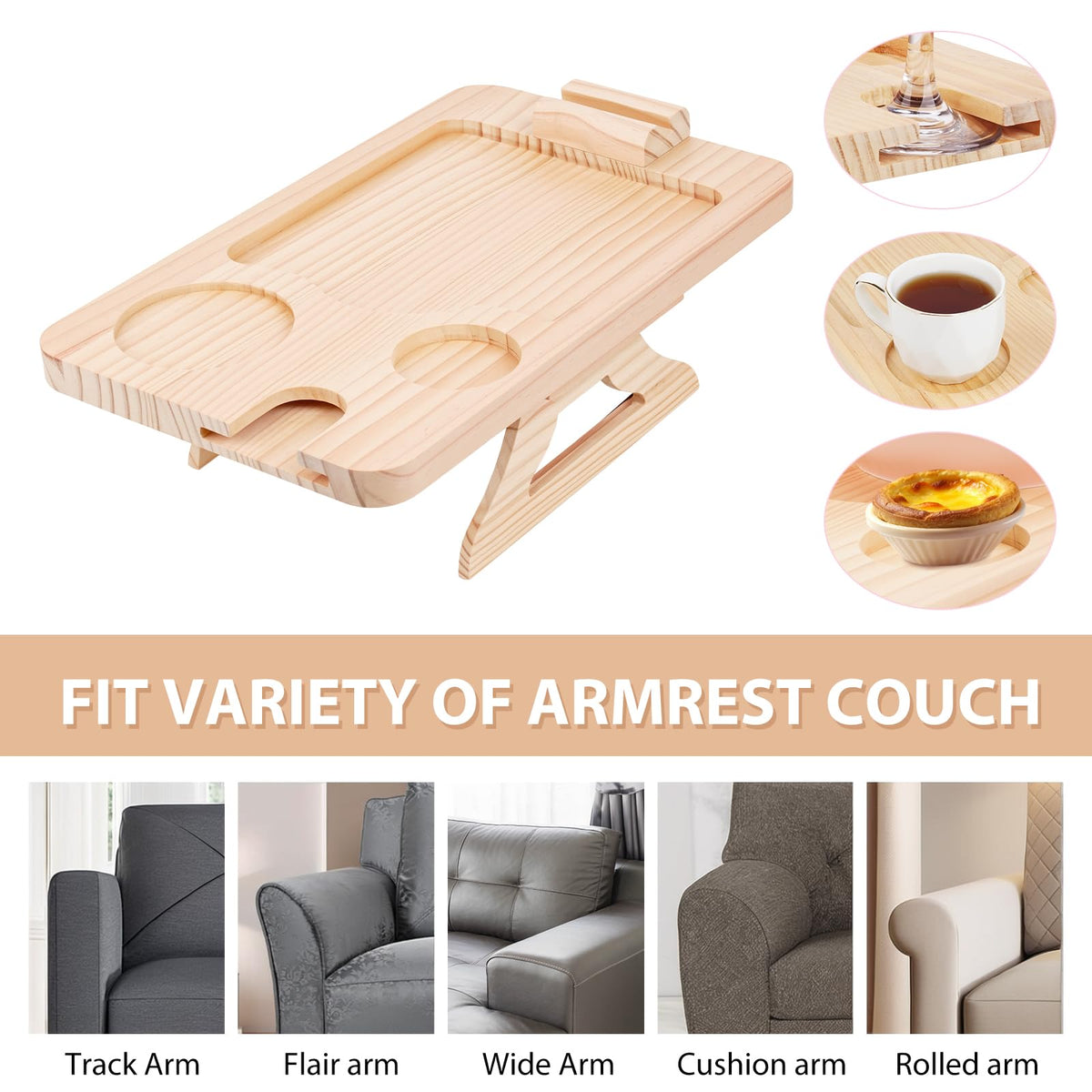 Natural Pine Sofa Armrest Tray,Drink Holder Arm with 360° Rotating Phone Stand. Holds Cups, Phones, Snacks, etc. Foldable & Clip-on Design - image 4