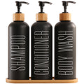 Prus Waso Shampoo and Conditioner Dispenser Set with Bamboo Pump & Tray
